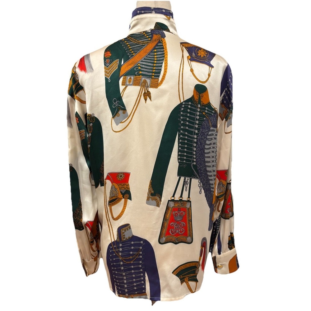 VINTAGE ESCADA MARGARETHA LEY 80s Silk Blouse Military Gold Bottoms Germany 38 M - Picture 5 of 9
